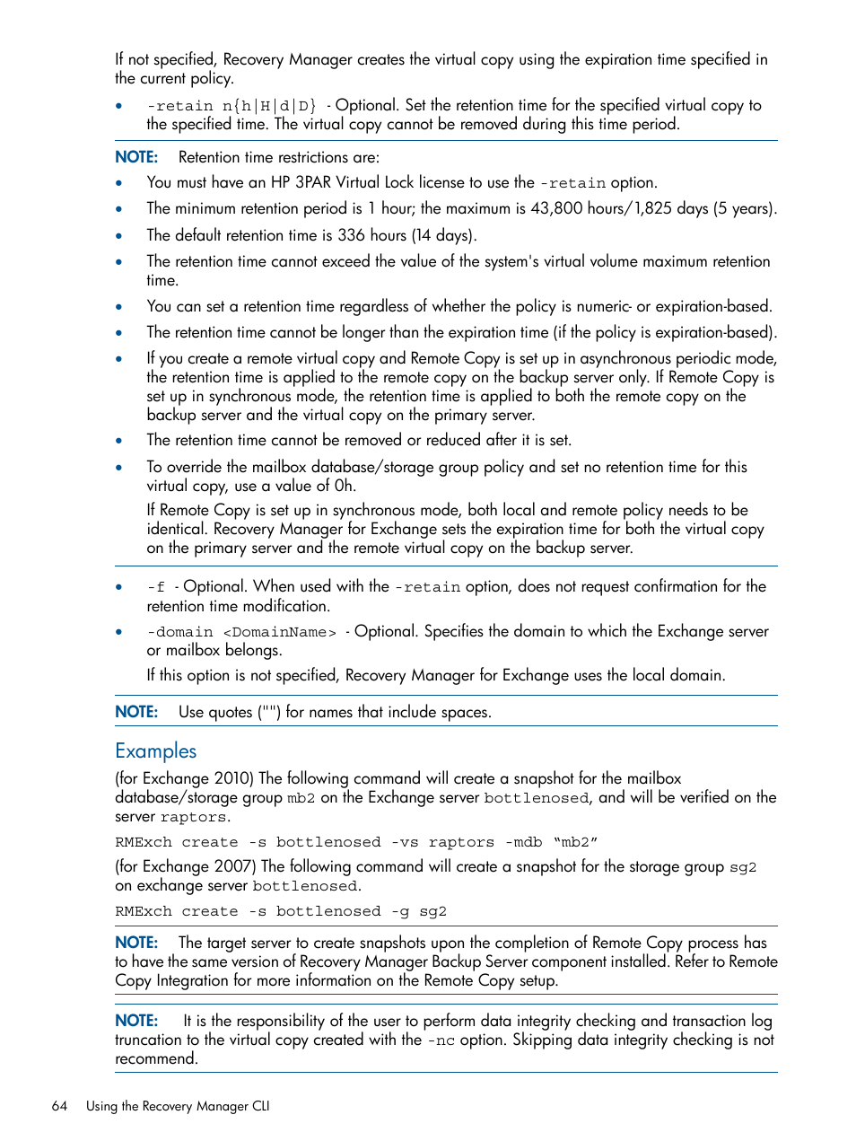 Examples | HP 3PAR Application Software Suite for Microsoft Exchange User Manual | Page 64 / 143