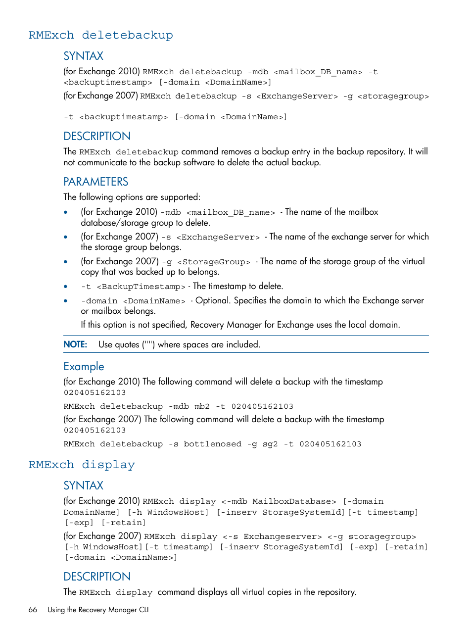 Rmexch deletebackup, Rmexch display, Rmexch deletebackup rmexch display | Syntax, Description, Parameters, Example | HP 3PAR Application Software Suite for Microsoft Exchange User Manual | Page 66 / 143