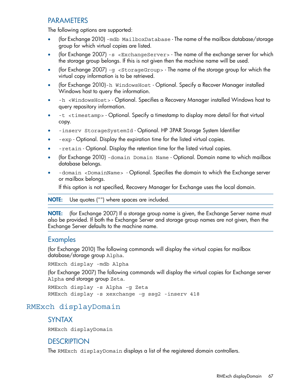 Rmexch displaydomain, Parameters, Examples | Syntax, Description | HP 3PAR Application Software Suite for Microsoft Exchange User Manual | Page 67 / 143