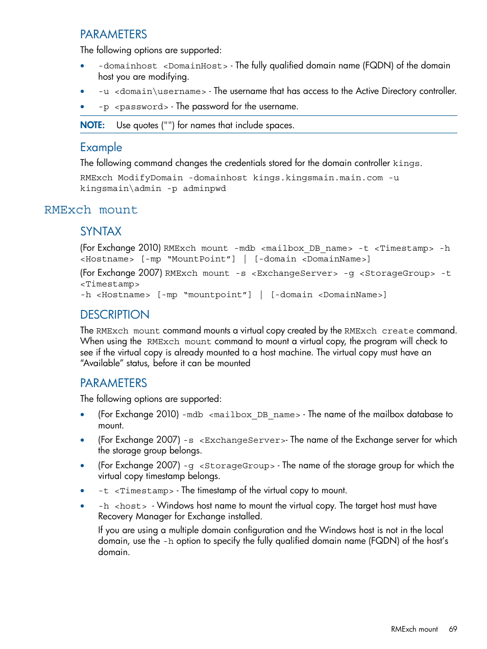 Rmexch mount, Parameters, Example | Syntax, Description | HP 3PAR Application Software Suite for Microsoft Exchange User Manual | Page 69 / 143