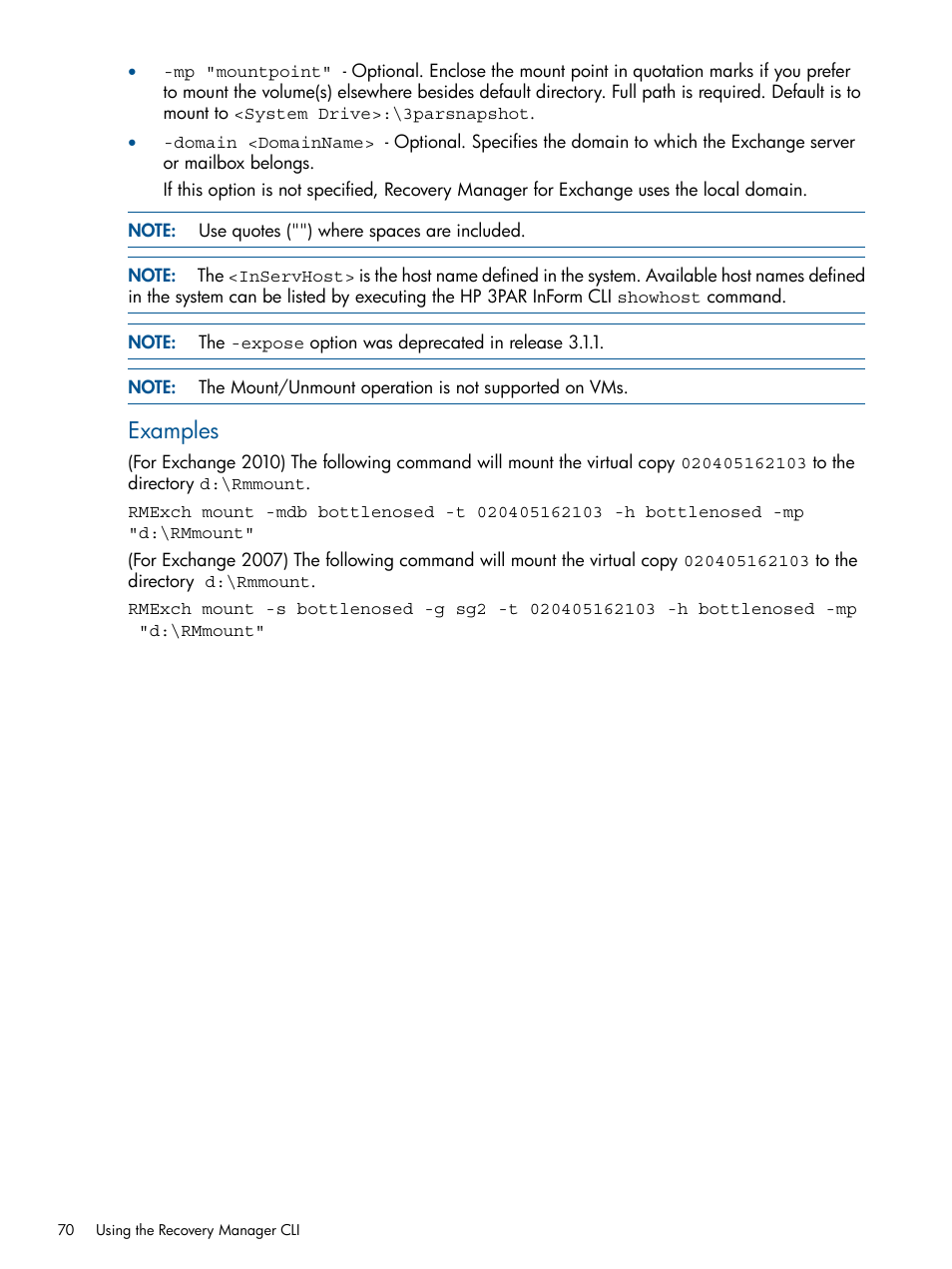 Examples | HP 3PAR Application Software Suite for Microsoft Exchange User Manual | Page 70 / 143