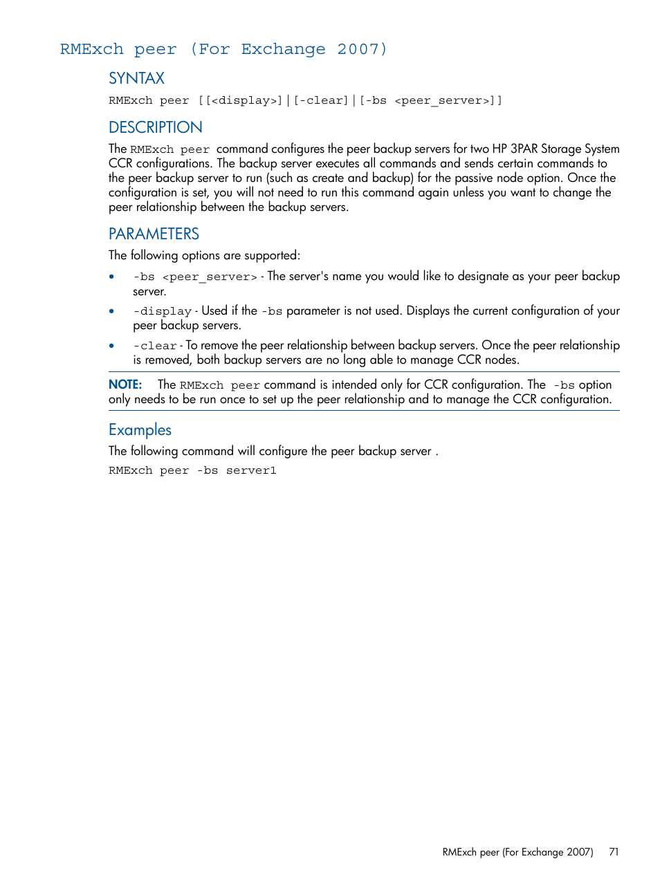 Rmexch peer (for exchange 2007), Syntax, Description | Parameters, Examples | HP 3PAR Application Software Suite for Microsoft Exchange User Manual | Page 71 / 143
