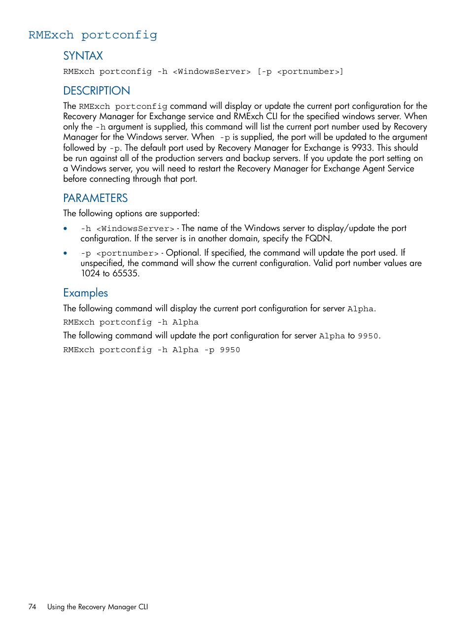 Rmexch portconfig, Syntax, Description | Parameters, Examples | HP 3PAR Application Software Suite for Microsoft Exchange User Manual | Page 74 / 143