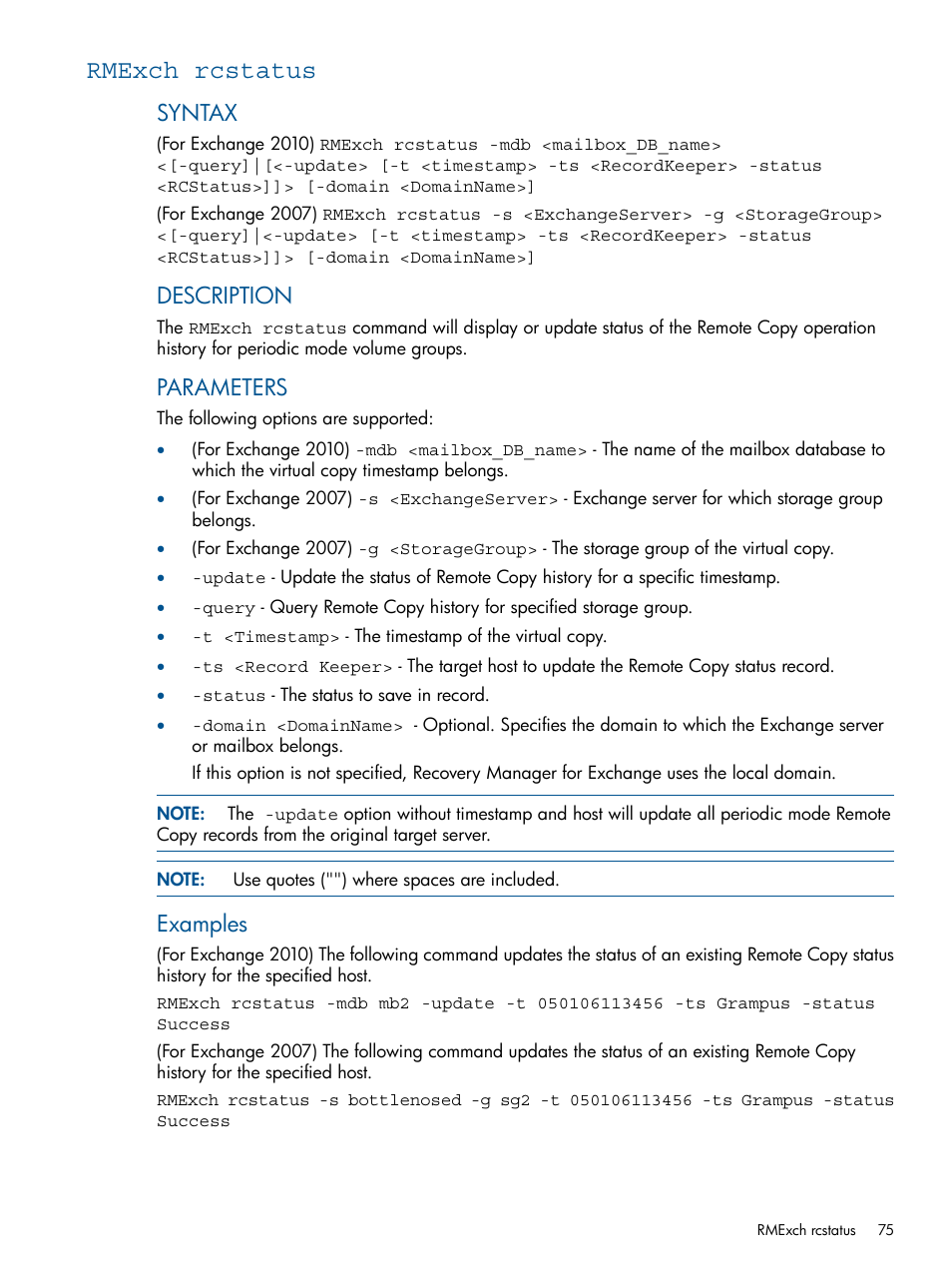 Rmexch rcstatus, Syntax, Description | Parameters, Examples | HP 3PAR Application Software Suite for Microsoft Exchange User Manual | Page 75 / 143