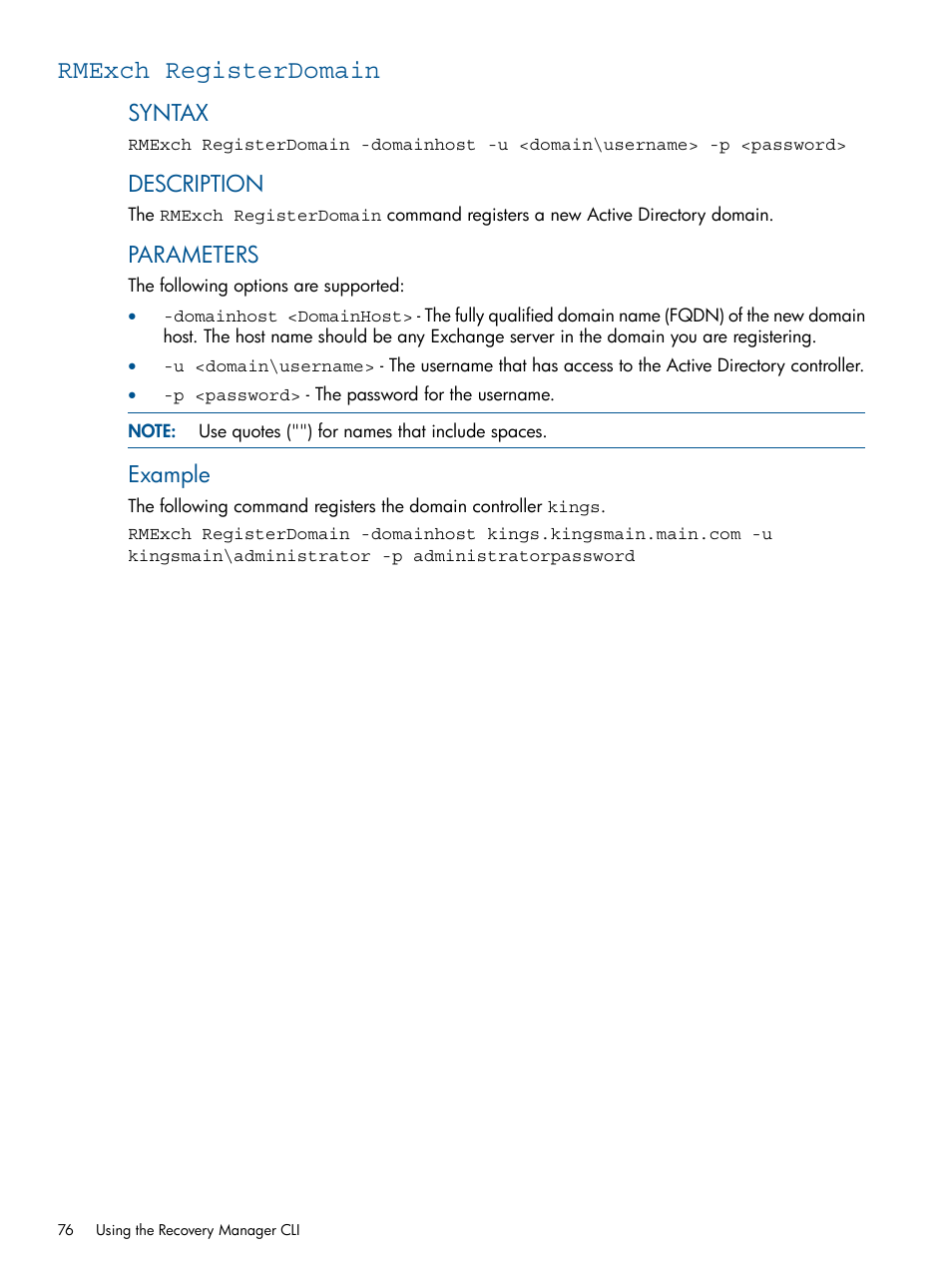 Rmexch registerdomain, Rmexch, Registerdomain | Syntax, Description, Parameters, Example | HP 3PAR Application Software Suite for Microsoft Exchange User Manual | Page 76 / 143