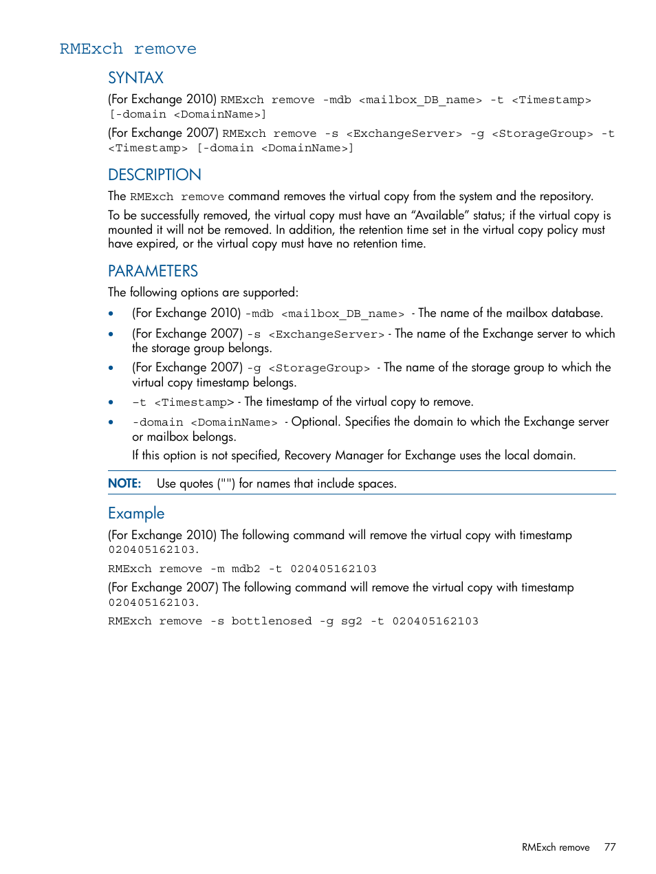 Rmexch remove, Syntax, Description | Parameters, Example | HP 3PAR Application Software Suite for Microsoft Exchange User Manual | Page 77 / 143