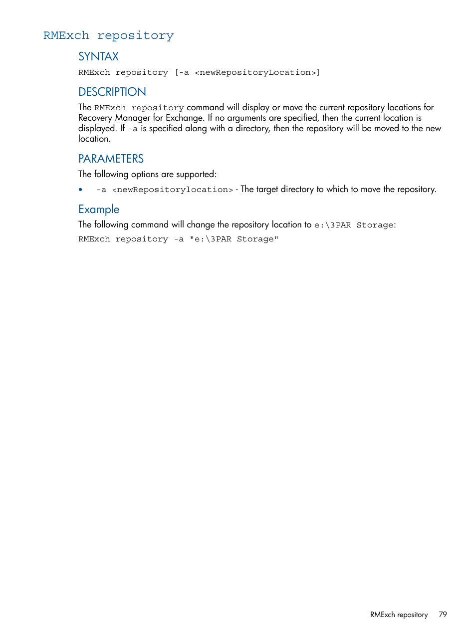 Rmexch repository, Syntax, Description | Parameters, Example | HP 3PAR Application Software Suite for Microsoft Exchange User Manual | Page 79 / 143