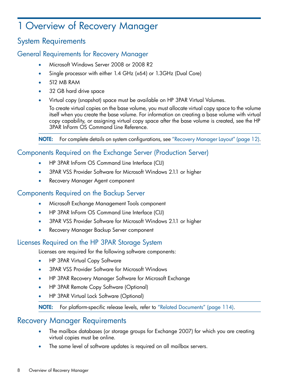 1 overview of recovery manager, System requirements, General requirements for recovery manager | Components required on the backup server, Licenses required on the hp 3par storage system, Recovery manager requirements | HP 3PAR Application Software Suite for Microsoft Exchange User Manual | Page 8 / 143