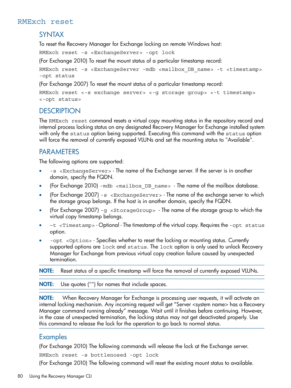 Rmexch reset, Syntax, Description | Parameters, Examples | HP 3PAR Application Software Suite for Microsoft Exchange User Manual | Page 80 / 143