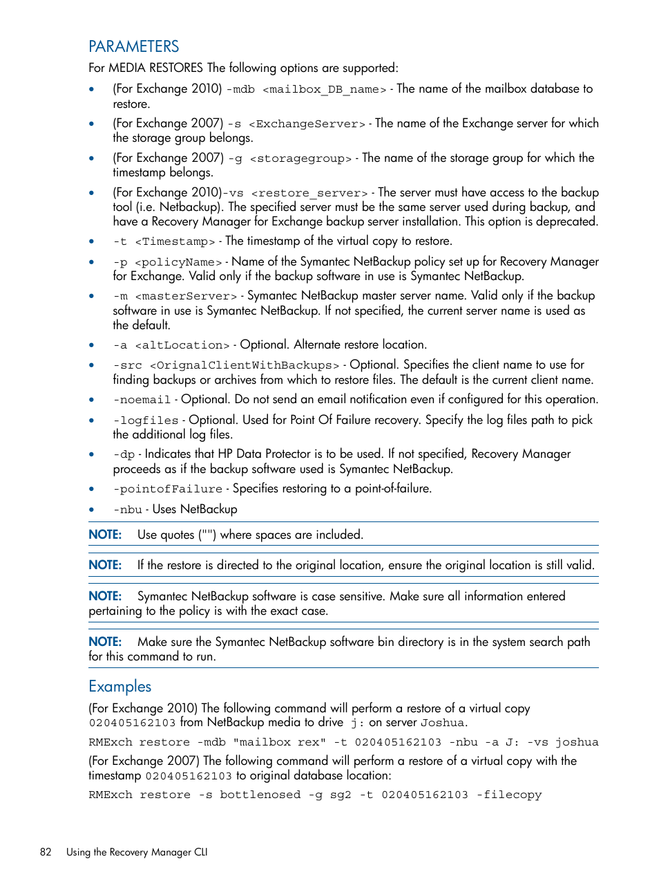 Parameters, Examples | HP 3PAR Application Software Suite for Microsoft Exchange User Manual | Page 82 / 143