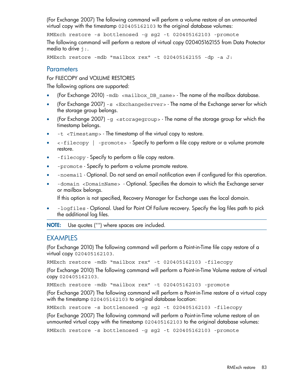 Parameters, Examples | HP 3PAR Application Software Suite for Microsoft Exchange User Manual | Page 83 / 143