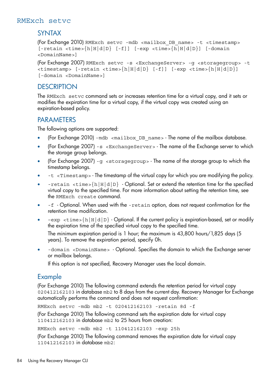 Rmexch setvc, Syntax, Description | Parameters, Example | HP 3PAR Application Software Suite for Microsoft Exchange User Manual | Page 84 / 143