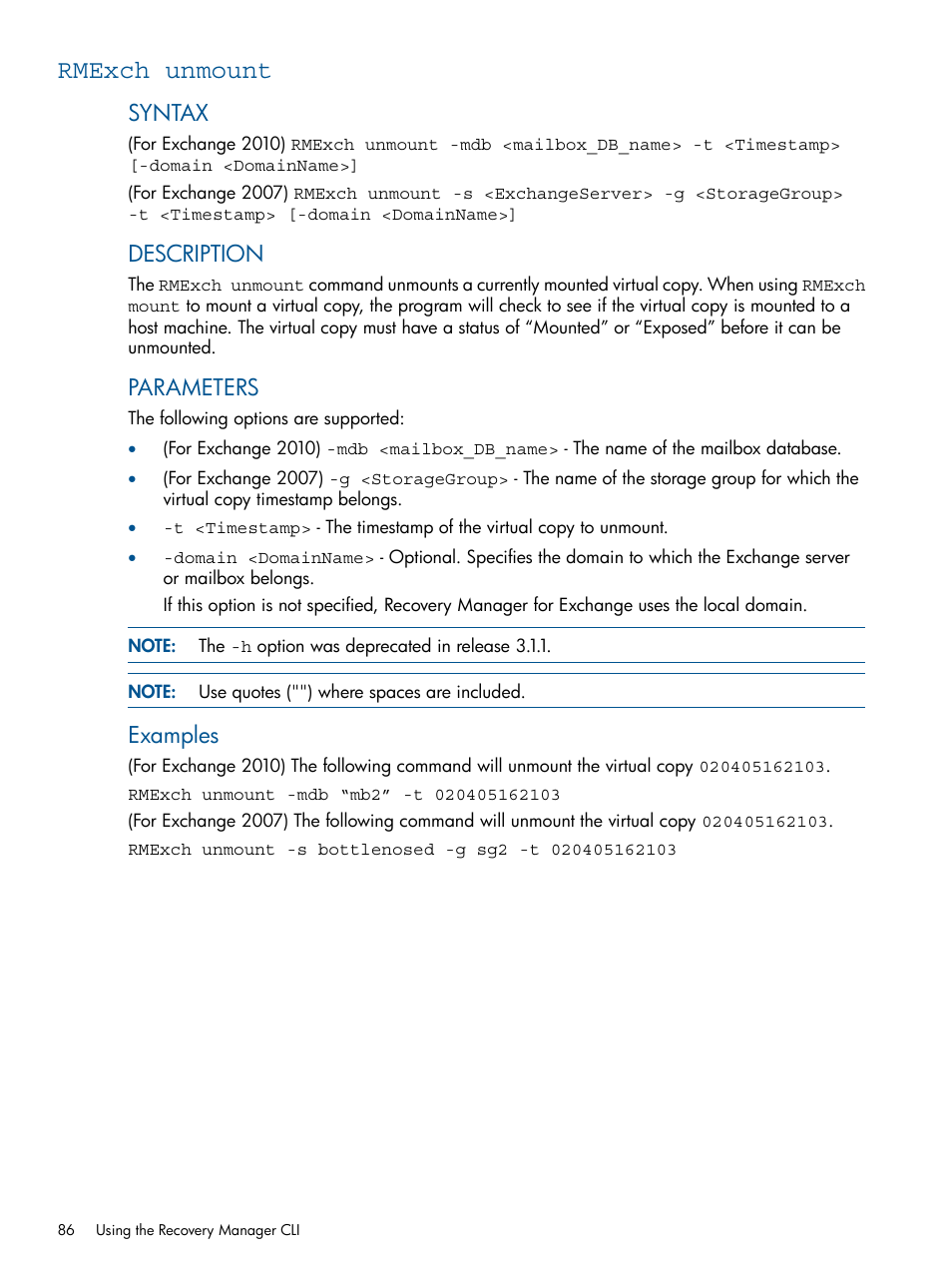 Rmexch unmount, Syntax, Description | Parameters, Examples | HP 3PAR Application Software Suite for Microsoft Exchange User Manual | Page 86 / 143