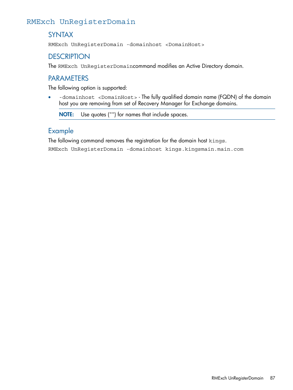 Rmexch unregisterdomain, Rmexch, Unregisterdomain | Syntax, Description, Parameters, Example | HP 3PAR Application Software Suite for Microsoft Exchange User Manual | Page 87 / 143