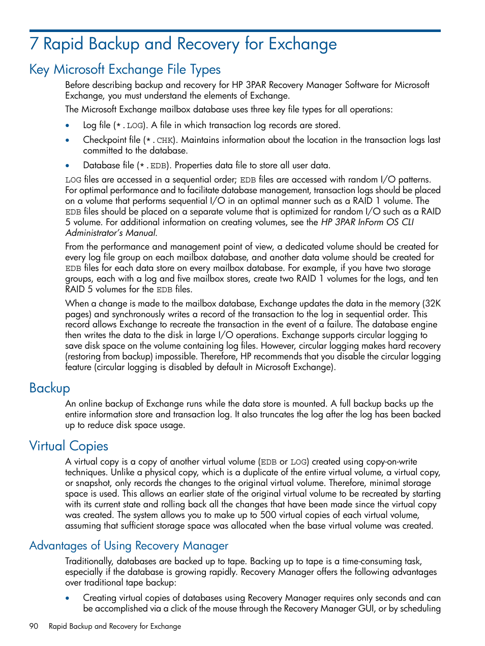 7 rapid backup and recovery for exchange, Key microsoft exchange file types, Backup | Virtual copies, Advantages of using recovery manager | HP 3PAR Application Software Suite for Microsoft Exchange User Manual | Page 90 / 143