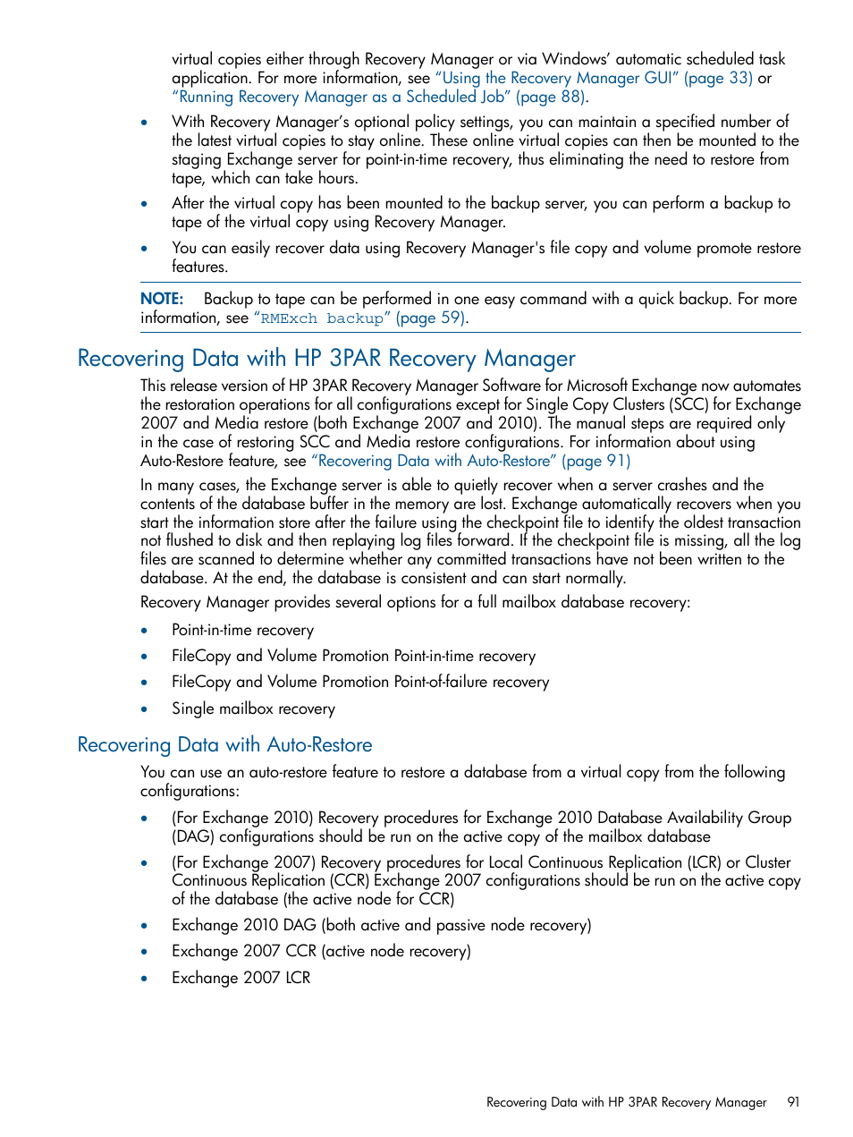 Recovering data with hp 3par recovery manager, Recovering data with auto-restore, Recovering data | HP 3PAR Application Software Suite for Microsoft Exchange User Manual | Page 91 / 143