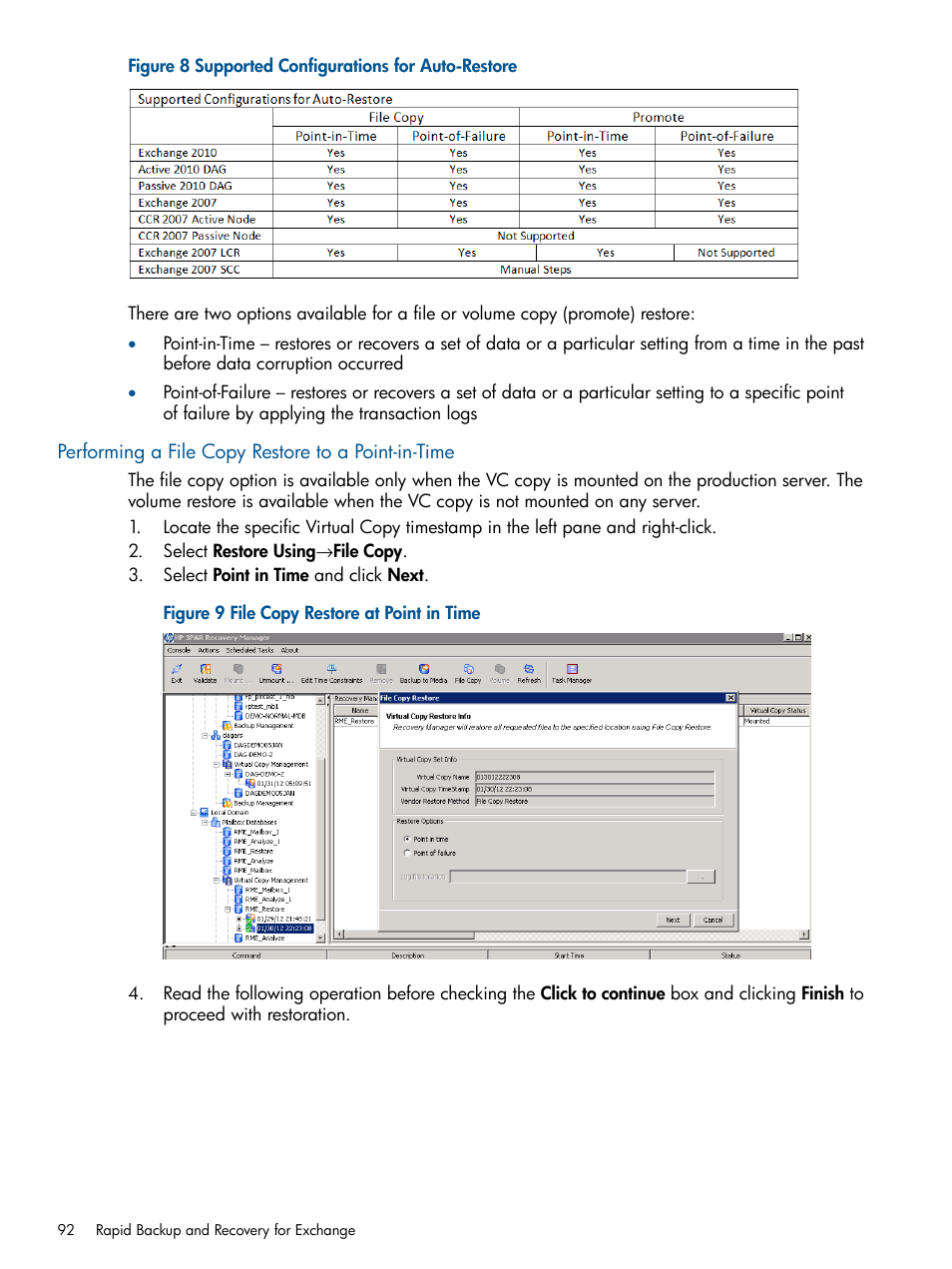 Performing a file copy restore to a point-in-time | HP 3PAR Application Software Suite for Microsoft Exchange User Manual | Page 92 / 143
