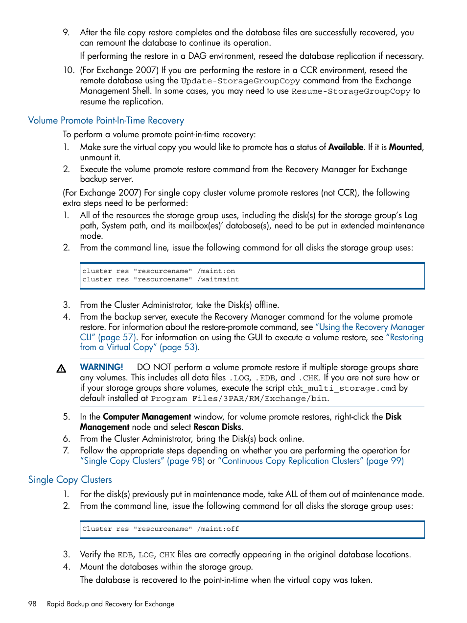 Volume promote point-in-time recovery, Single copy clusters | HP 3PAR Application Software Suite for Microsoft Exchange User Manual | Page 98 / 143