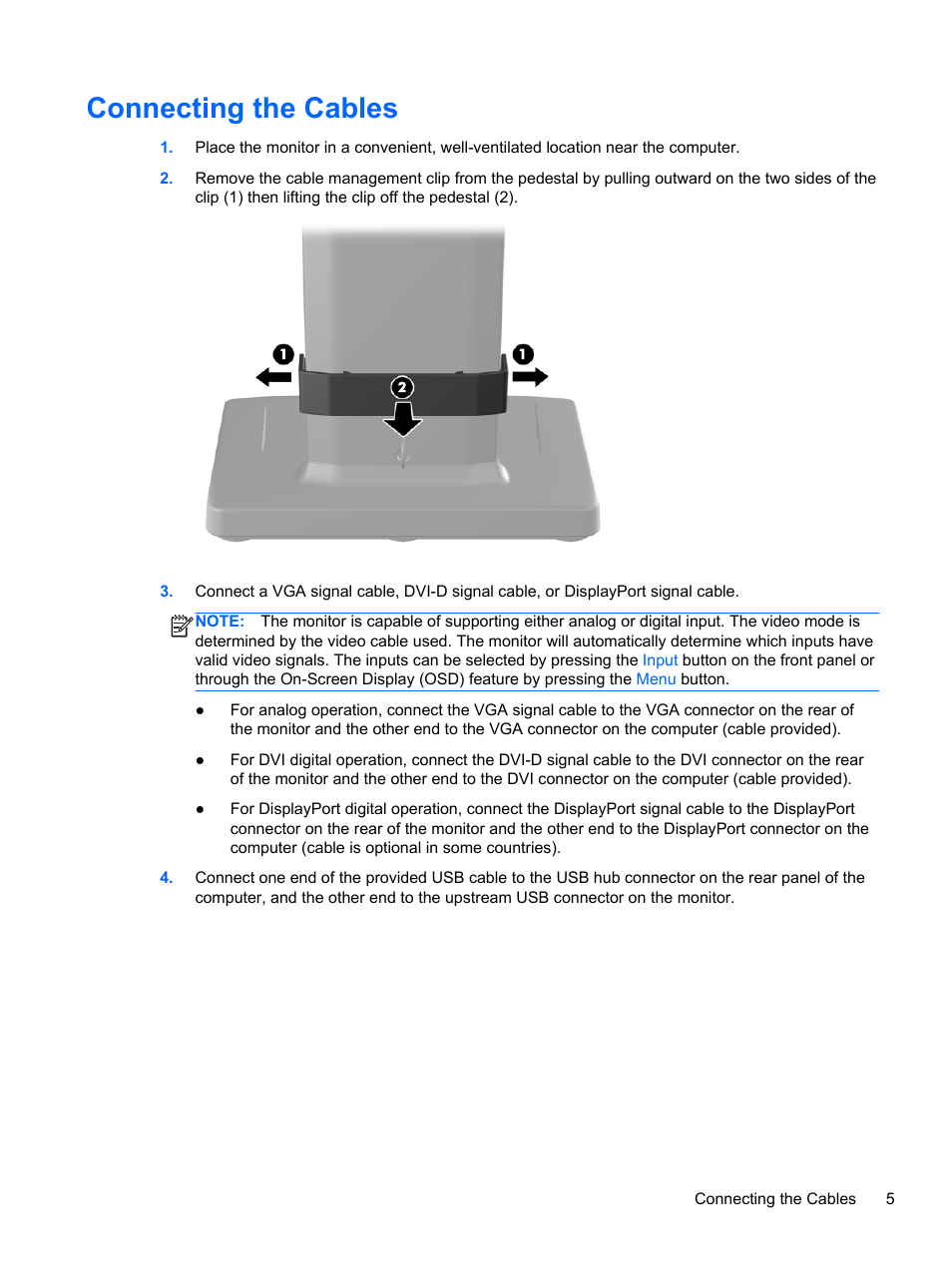 Connecting the cables | HP EliteDisplay E190i 18.9-in 54 LED Backlit IPS Monitor User Manual | Page 11 / 23