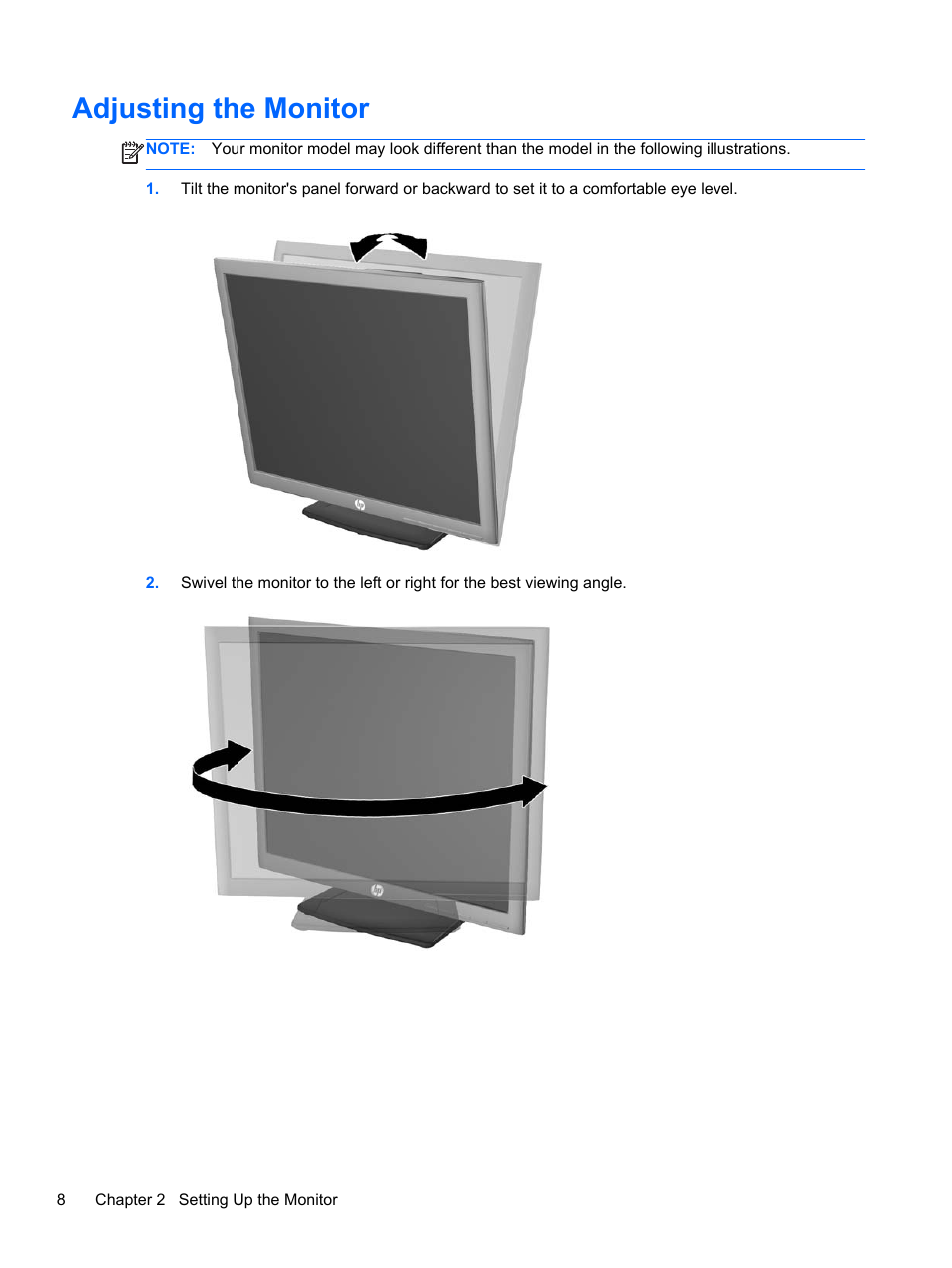 Adjusting the monitor | HP EliteDisplay E190i 18.9-in 54 LED Backlit IPS Monitor User Manual | Page 14 / 23