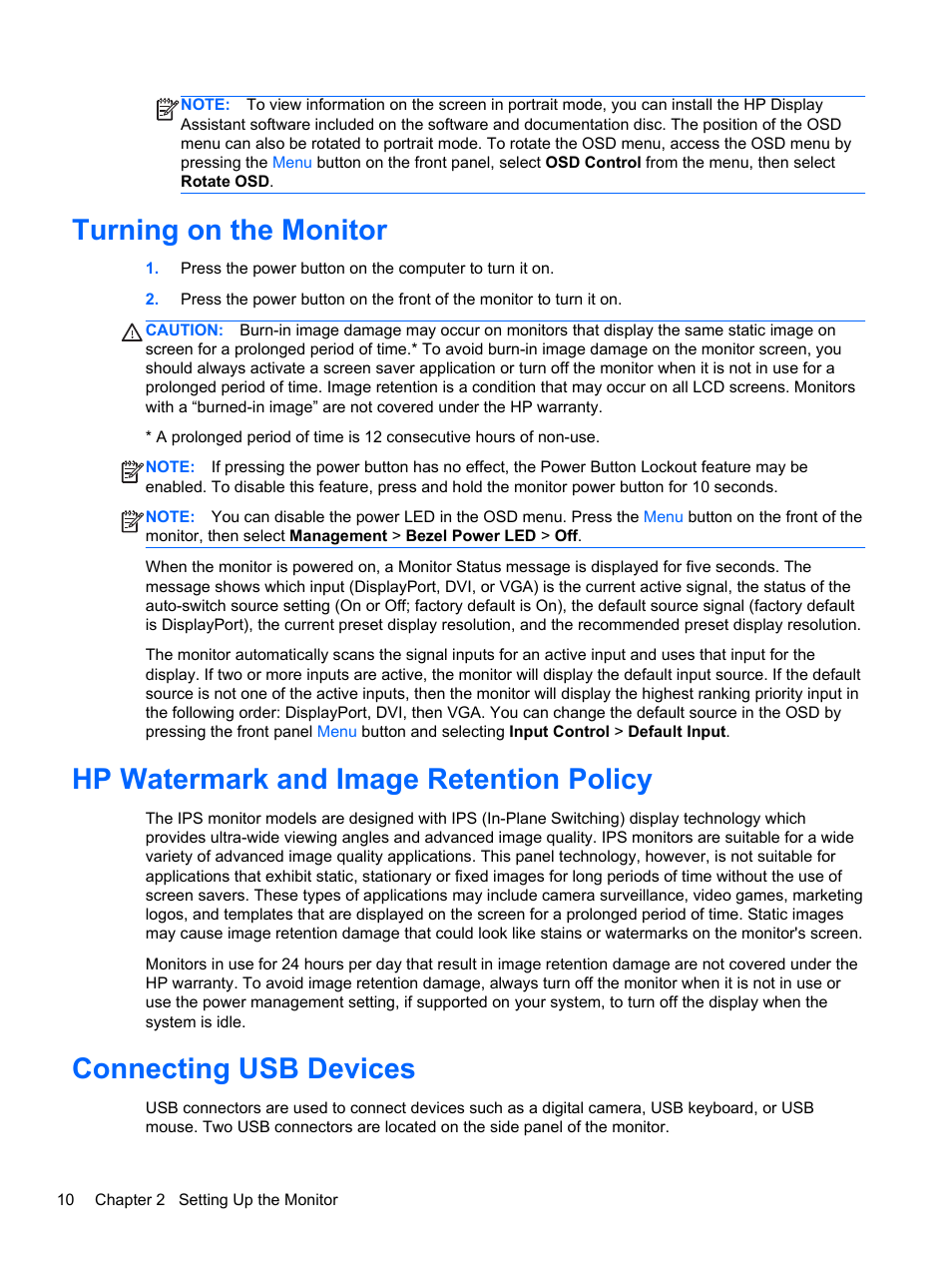 Turning on the monitor, Hp watermark and image retention policy, Connecting usb devices | HP EliteDisplay E190i 18.9-in 54 LED Backlit IPS Monitor User Manual | Page 16 / 23