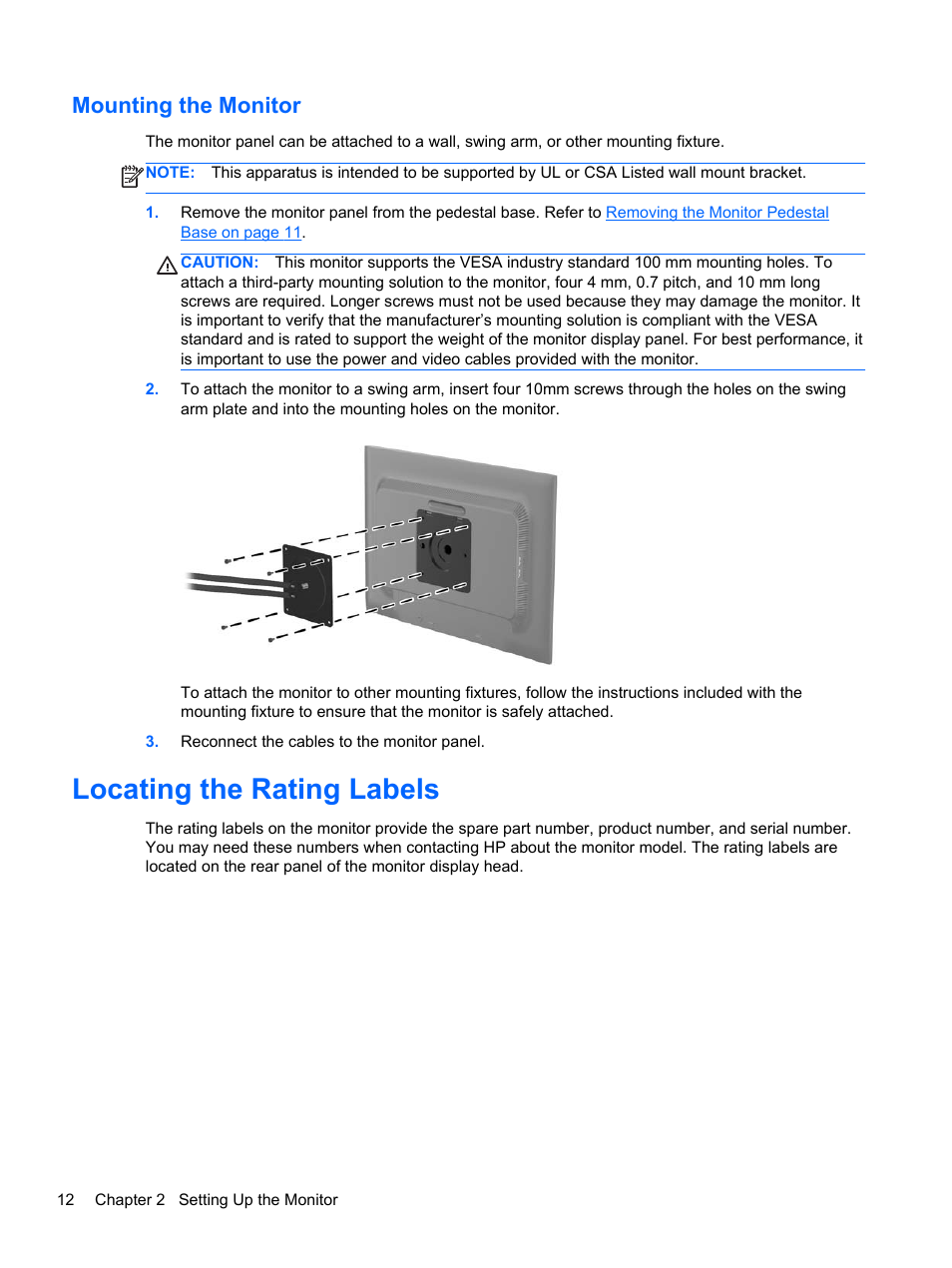 Mounting the monitor, Locating the rating labels | HP EliteDisplay E190i 18.9-in 54 LED Backlit IPS Monitor User Manual | Page 18 / 23