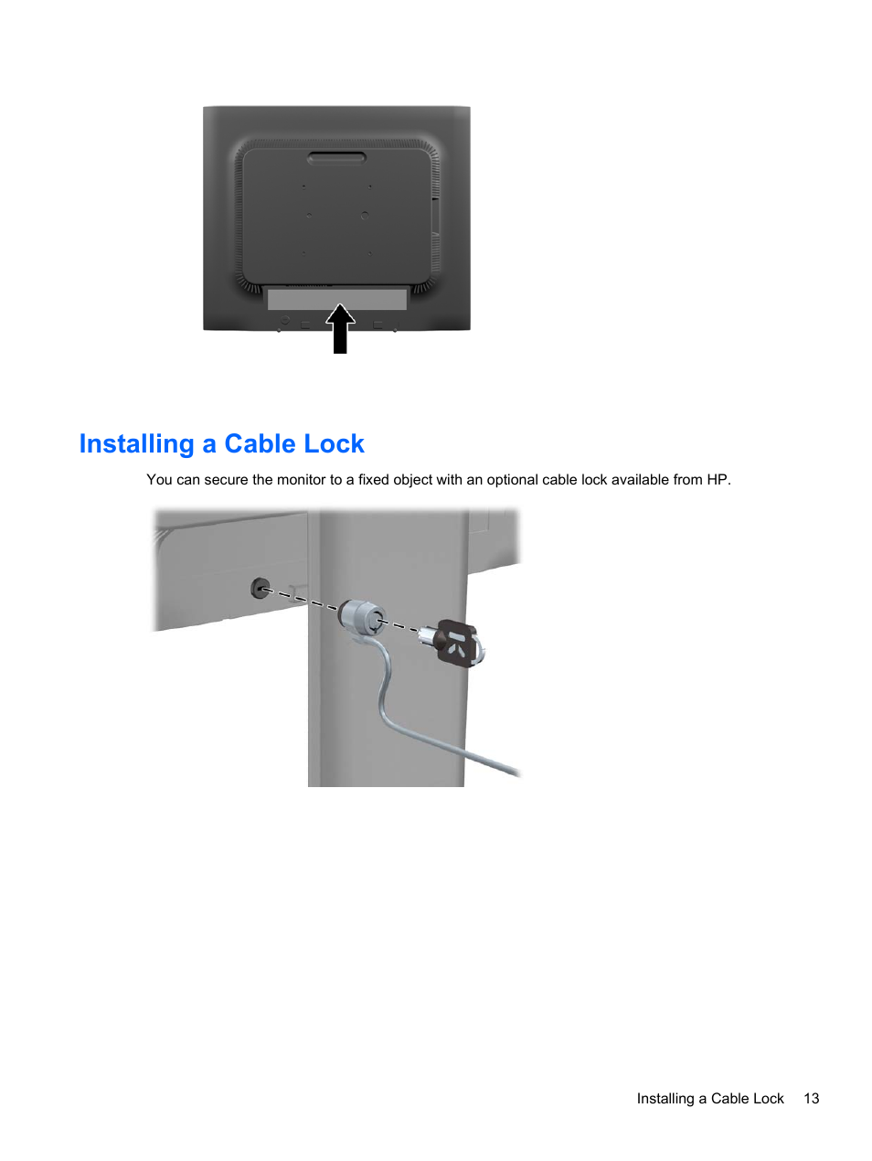 Installing a cable lock | HP EliteDisplay E190i 18.9-in 54 LED Backlit IPS Monitor User Manual | Page 19 / 23