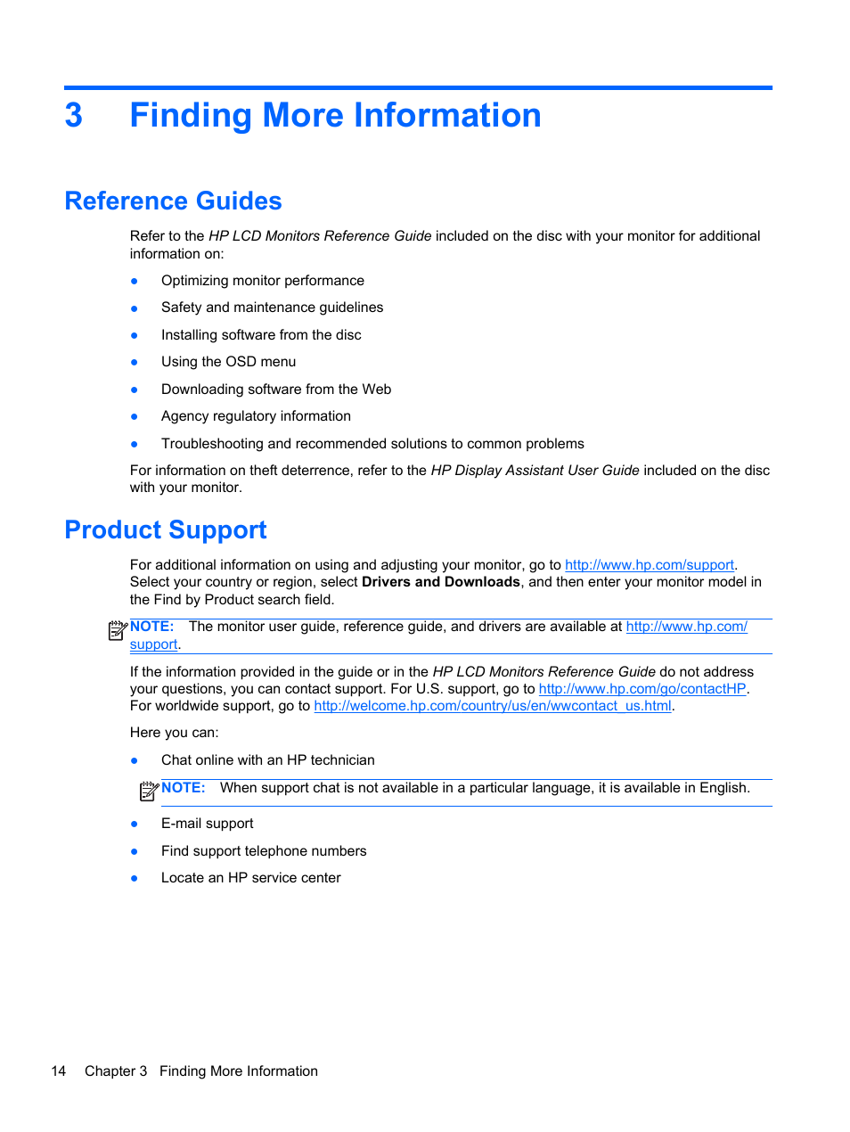 Finding more information, Reference guides, Product support | 3 finding more information, Reference guides product support, 3finding more information | HP EliteDisplay E190i 18.9-in 54 LED Backlit IPS Monitor User Manual | Page 20 / 23