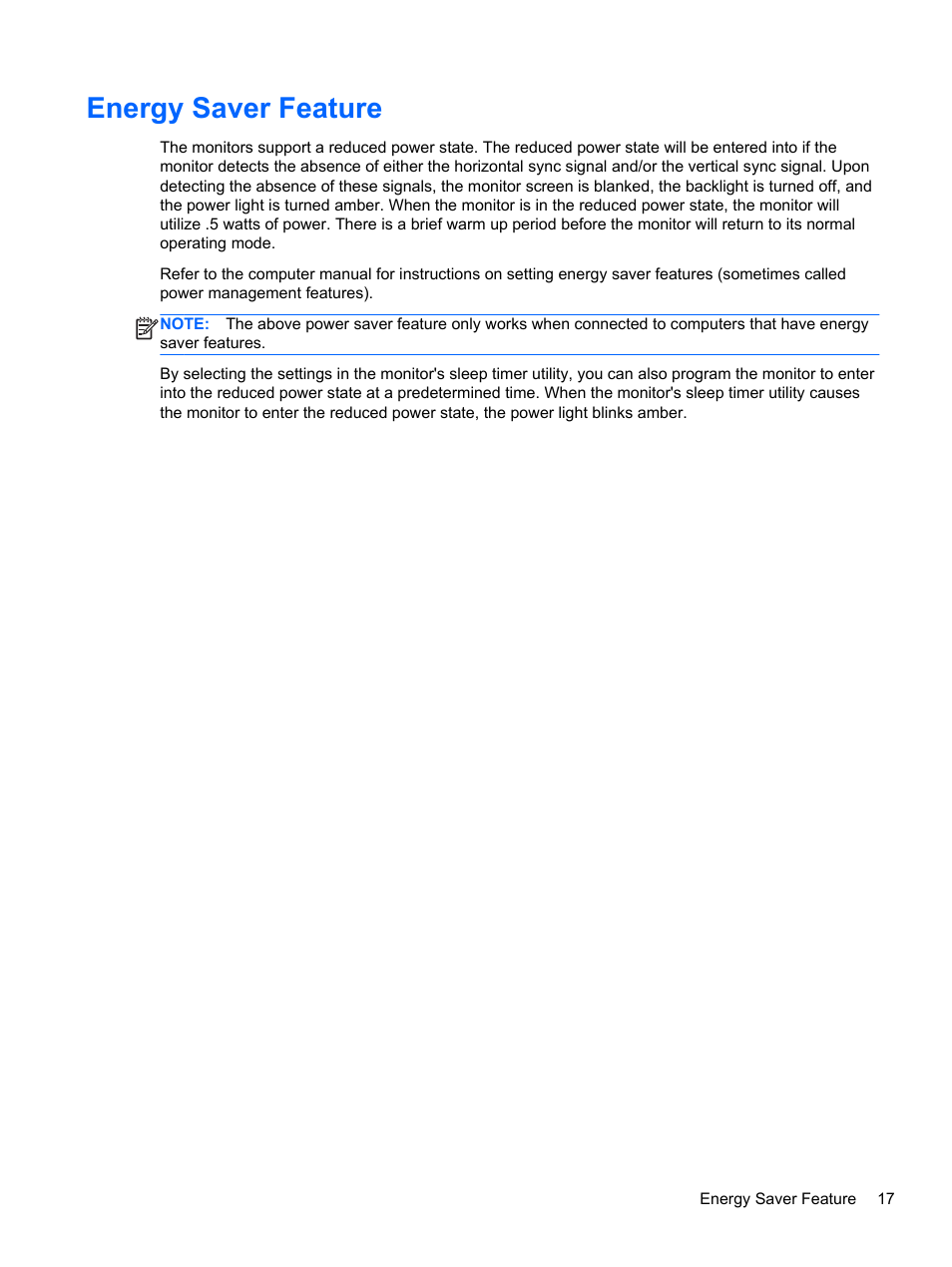 Energy saver feature | HP EliteDisplay E190i 18.9-in 54 LED Backlit IPS Monitor User Manual | Page 23 / 23