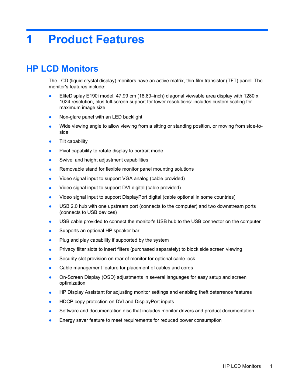 Product features, Hp lcd monitors, 1 product features | 1product features | HP EliteDisplay E190i 18.9-in 54 LED Backlit IPS Monitor User Manual | Page 7 / 23