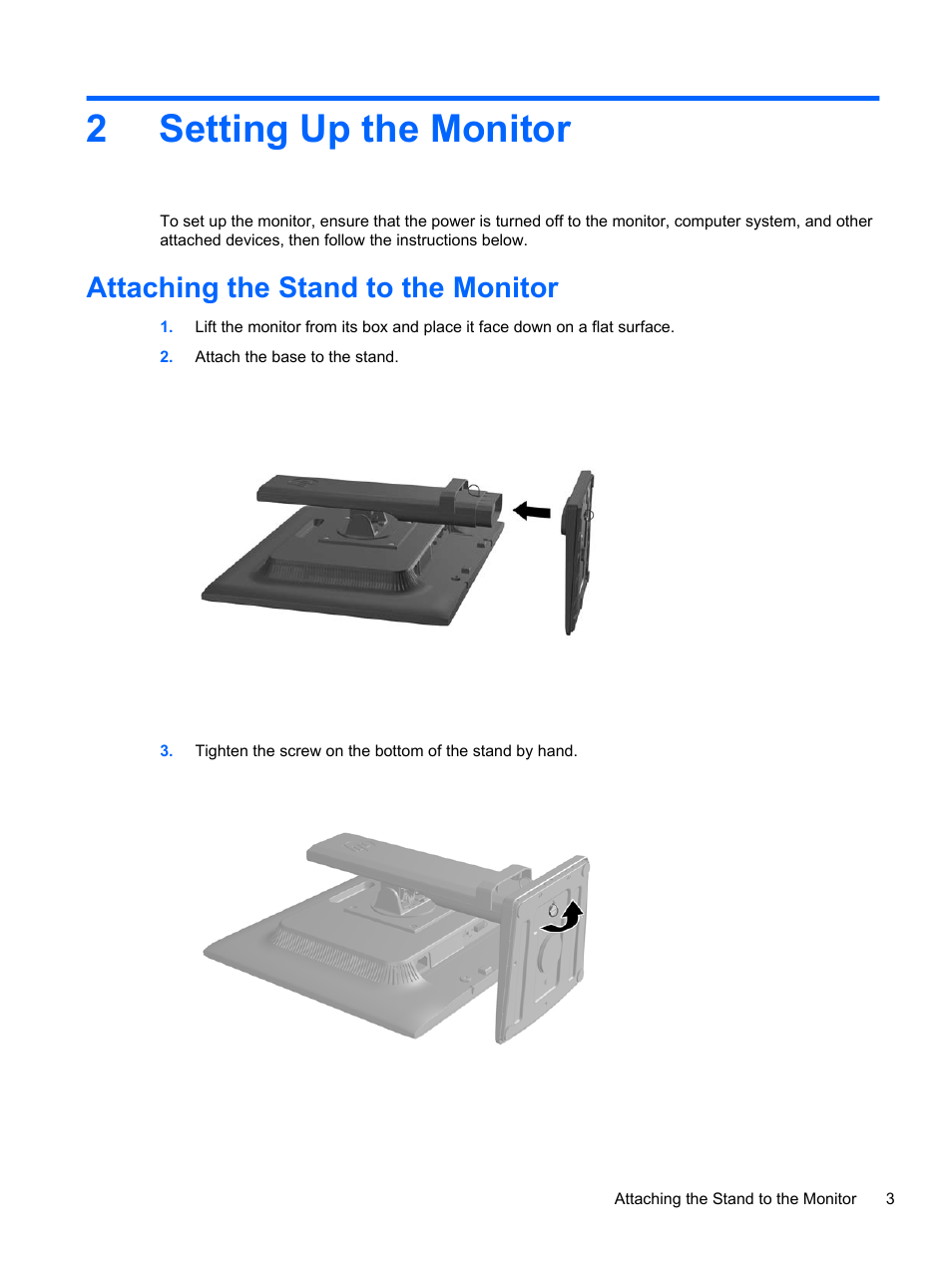 Setting up the monitor, Attaching the stand to the monitor, 2 setting up the monitor | 2setting up the monitor | HP EliteDisplay E190i 18.9-in 54 LED Backlit IPS Monitor User Manual | Page 9 / 23