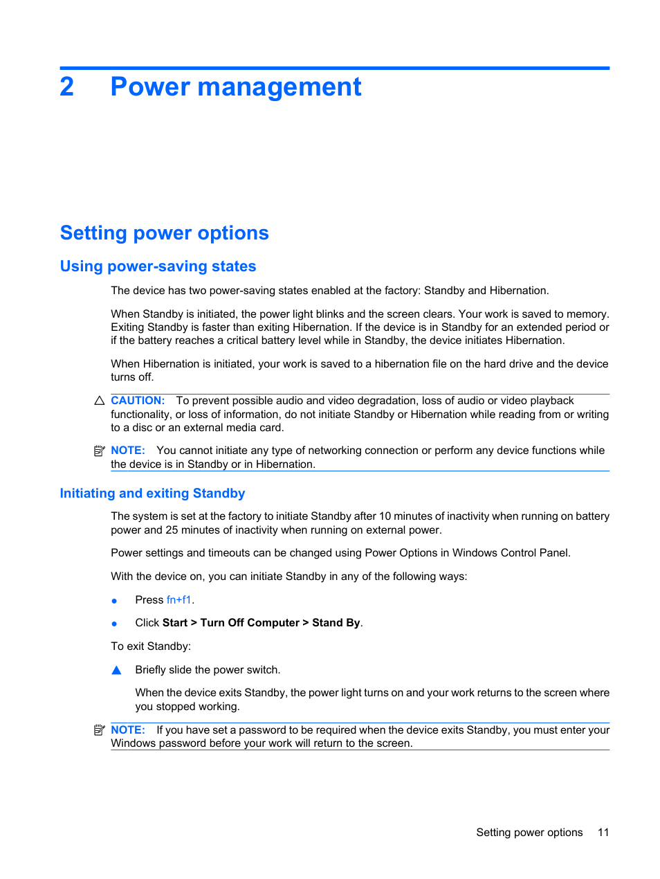 Power management, Setting power options, Using power-saving states | Initiating and exiting standby, 2 power management, 2power management | HP Mini 1132TU PC User Manual | Page 19 / 82
