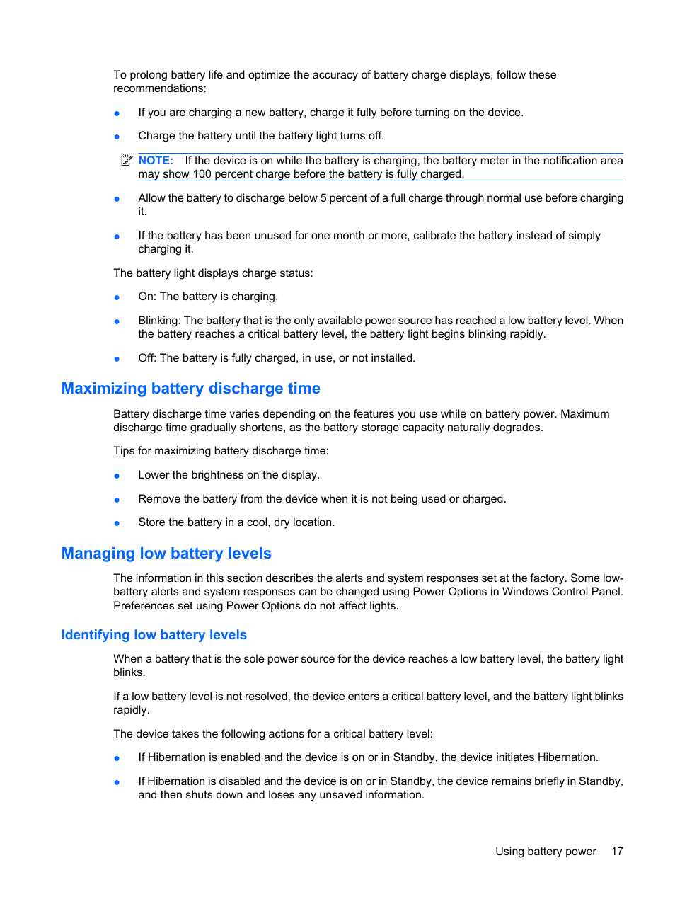 Maximizing battery discharge time, Managing low battery levels, Identifying low battery levels | HP Mini 1132TU PC User Manual | Page 25 / 82