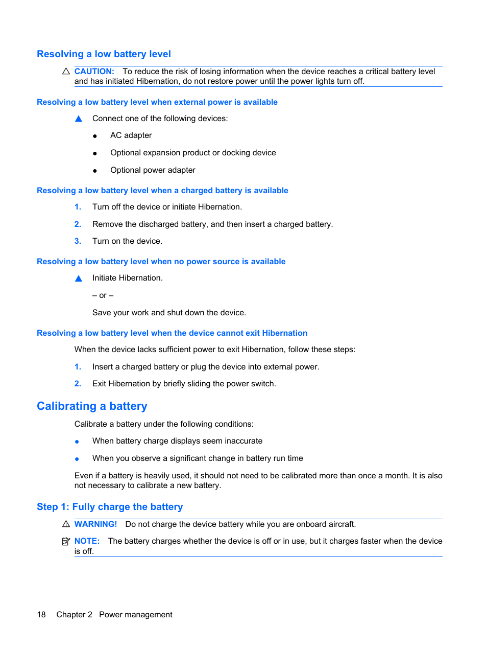 Resolving a low battery level, Calibrating a battery, Step 1: fully charge the battery | HP Mini 1132TU PC User Manual | Page 26 / 82