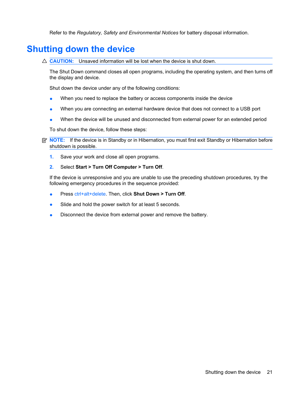 Shutting down the device | HP Mini 1132TU PC User Manual | Page 29 / 82