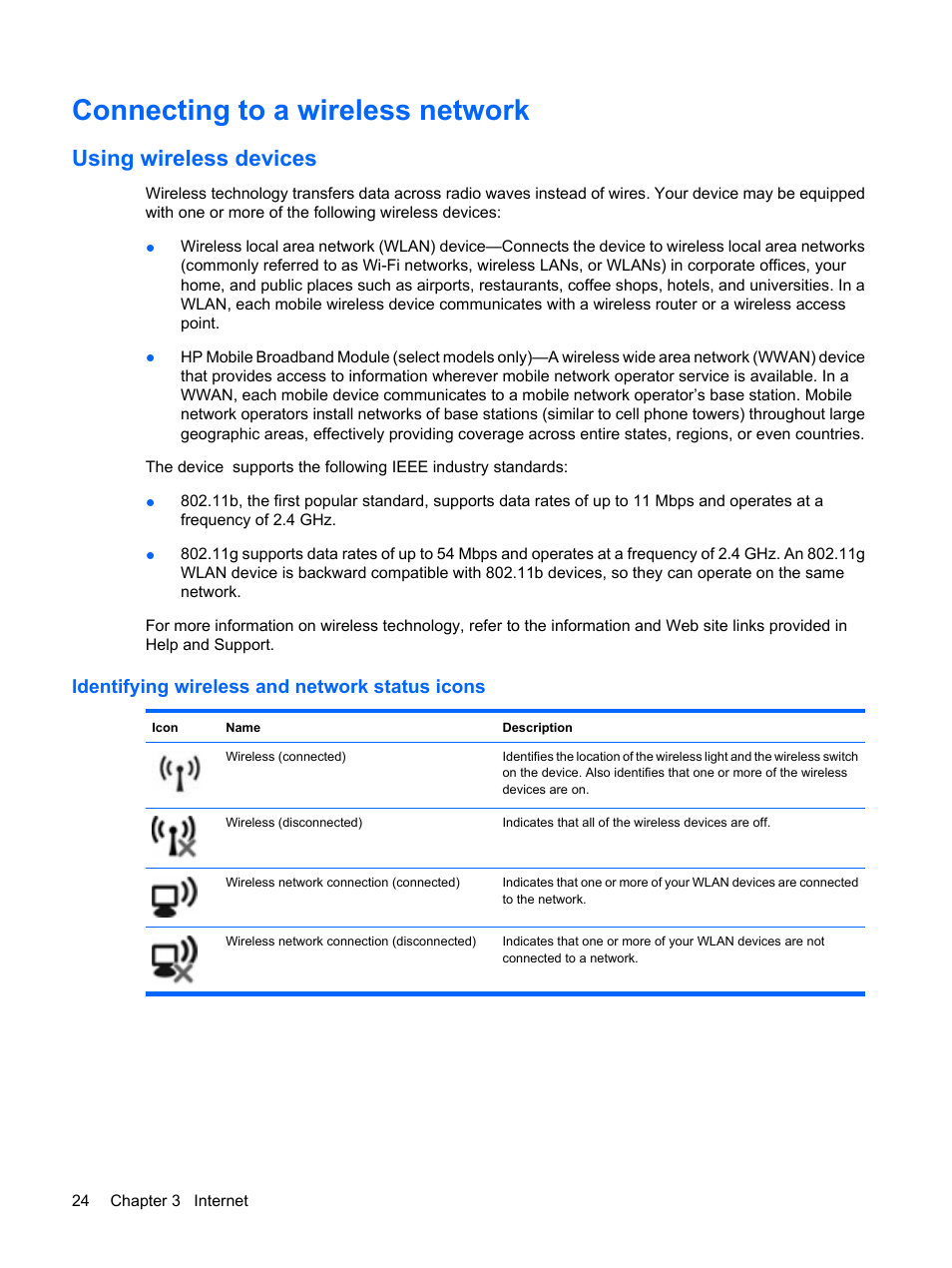 Connecting to a wireless network, Using wireless devices, Identifying wireless and network status icons | HP Mini 1132TU PC User Manual | Page 32 / 82
