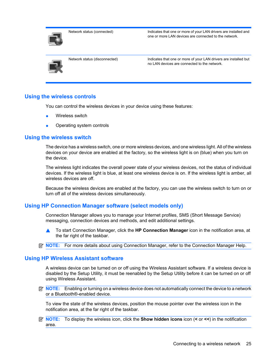 Using the wireless controls, Using the wireless switch, Using hp wireless assistant software | HP Mini 1132TU PC User Manual | Page 33 / 82