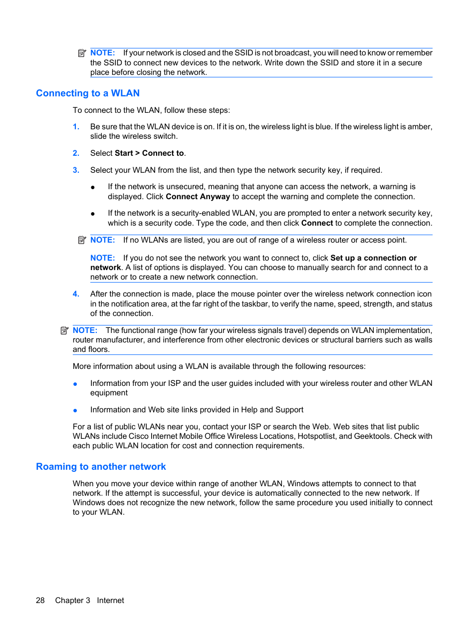 Connecting to a wlan, Roaming to another network, Connecting to a wlan roaming to another network | HP Mini 1132TU PC User Manual | Page 36 / 82