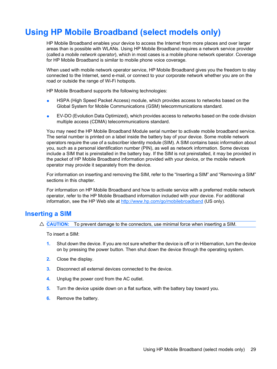 Using hp mobile broadband (select models only), Inserting a sim | HP Mini 1132TU PC User Manual | Page 37 / 82