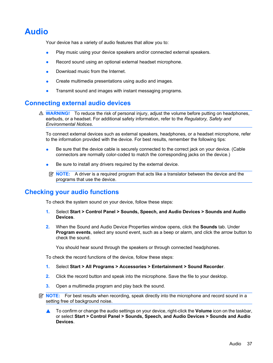 Audio, Connecting external audio devices, Checking your audio functions | HP Mini 1132TU PC User Manual | Page 45 / 82