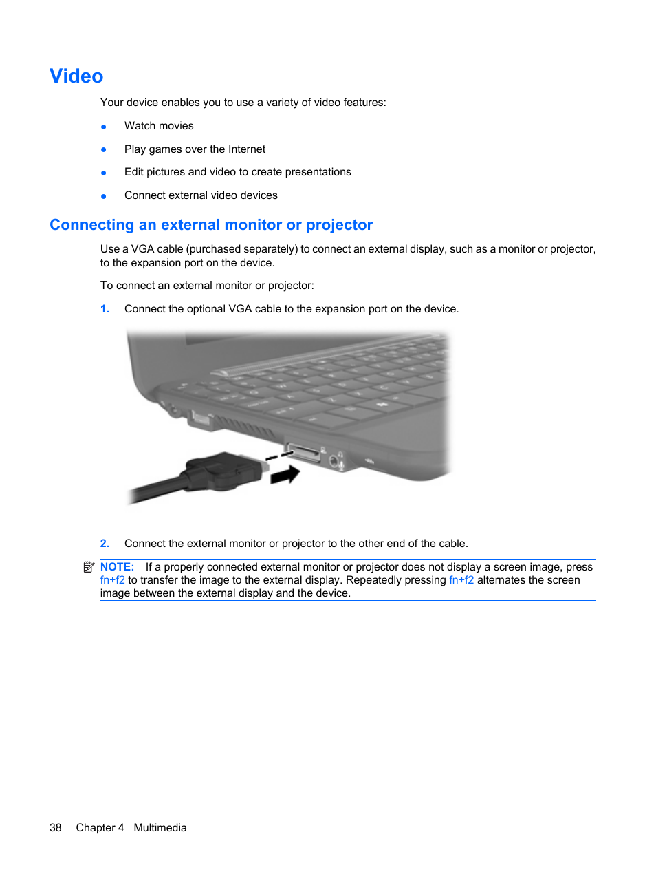 Video, Connecting an external monitor or projector | HP Mini 1132TU PC User Manual | Page 46 / 82