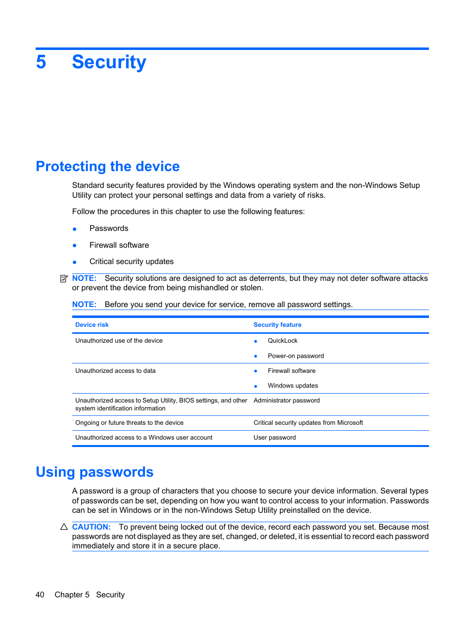 Security, Protecting the device, Using passwords | 5 security, Protecting the device using passwords, 5security | HP Mini 1132TU PC User Manual | Page 48 / 82