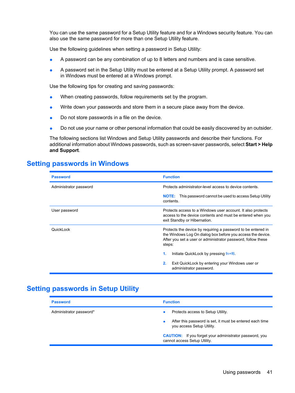 Setting passwords in windows, Setting passwords in setup utility | HP Mini 1132TU PC User Manual | Page 49 / 82