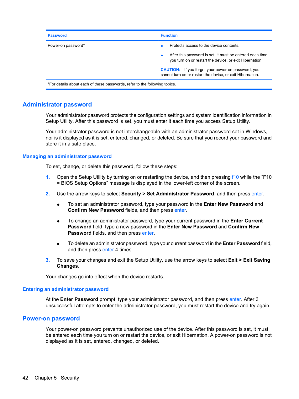 Administrator password, Managing an administrator password, Entering an administrator password | Power-on password | HP Mini 1132TU PC User Manual | Page 50 / 82