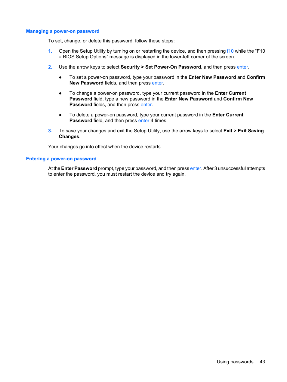 Managing a power-on password, Entering a power-on password | HP Mini 1132TU PC User Manual | Page 51 / 82