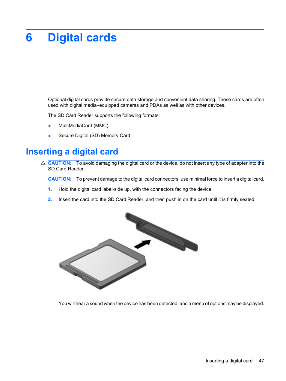 Digital cards, Inserting a digital card, 6 digital cards | 6digital cards | HP Mini 1132TU PC User Manual | Page 55 / 82