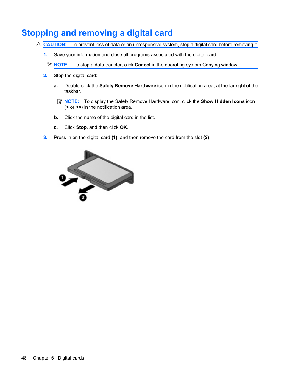 Stopping and removing a digital card | HP Mini 1132TU PC User Manual | Page 56 / 82