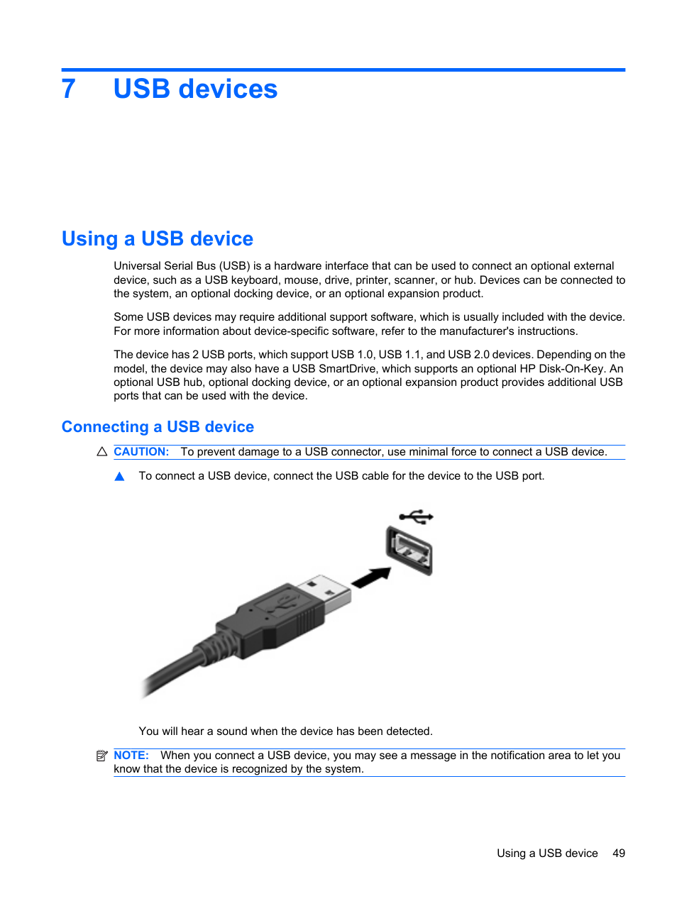 Usb devices, Using a usb device, Connecting a usb device | 7 usb devices, 7usb devices | HP Mini 1132TU PC User Manual | Page 57 / 82