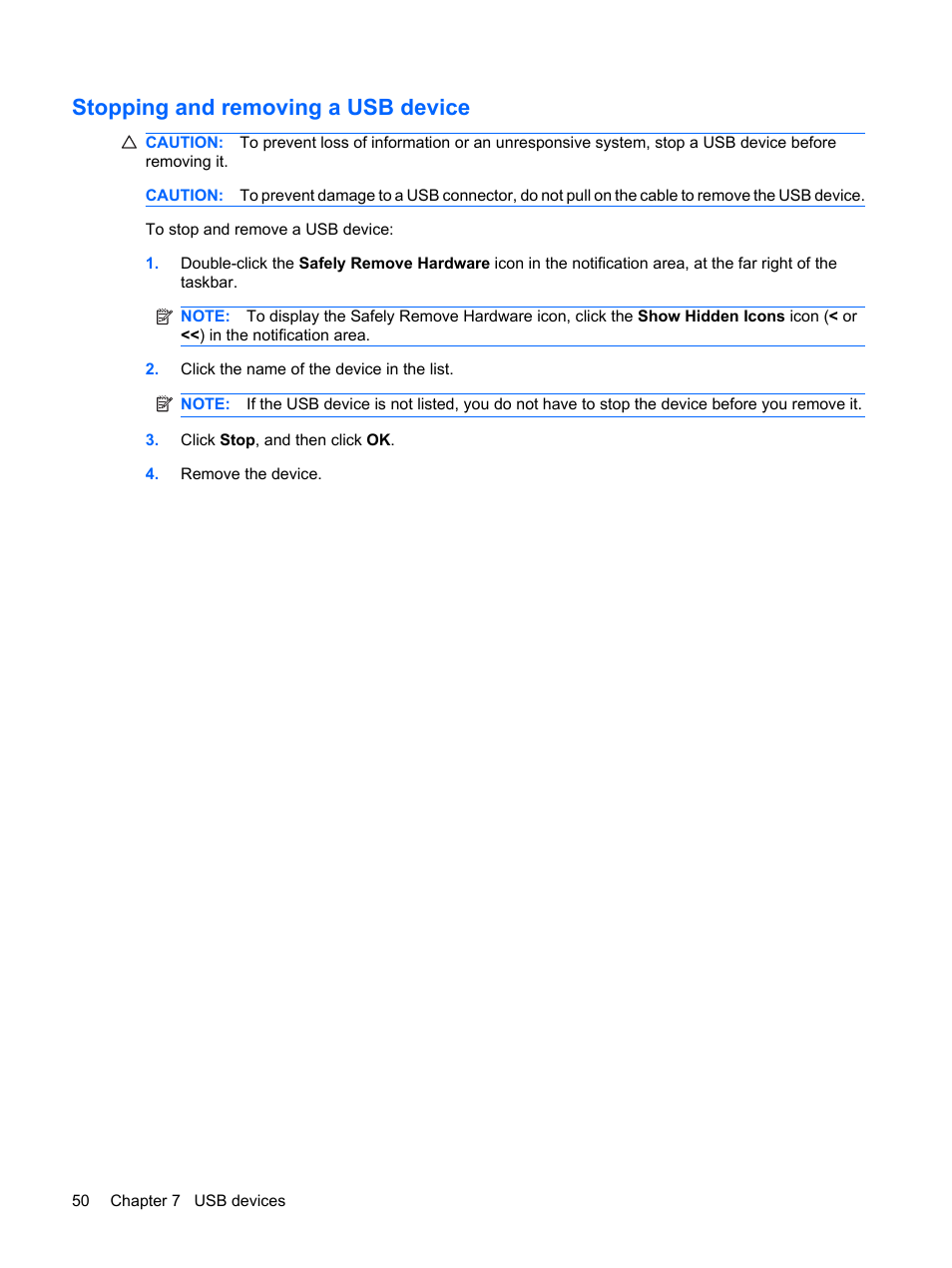 Stopping and removing a usb device | HP Mini 1132TU PC User Manual | Page 58 / 82