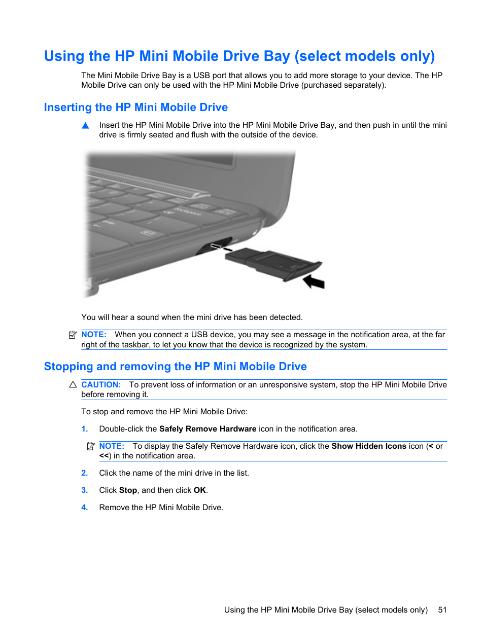 Inserting the hp mini mobile drive, Stopping and removing the hp mini mobile drive | HP Mini 1132TU PC User Manual | Page 59 / 82